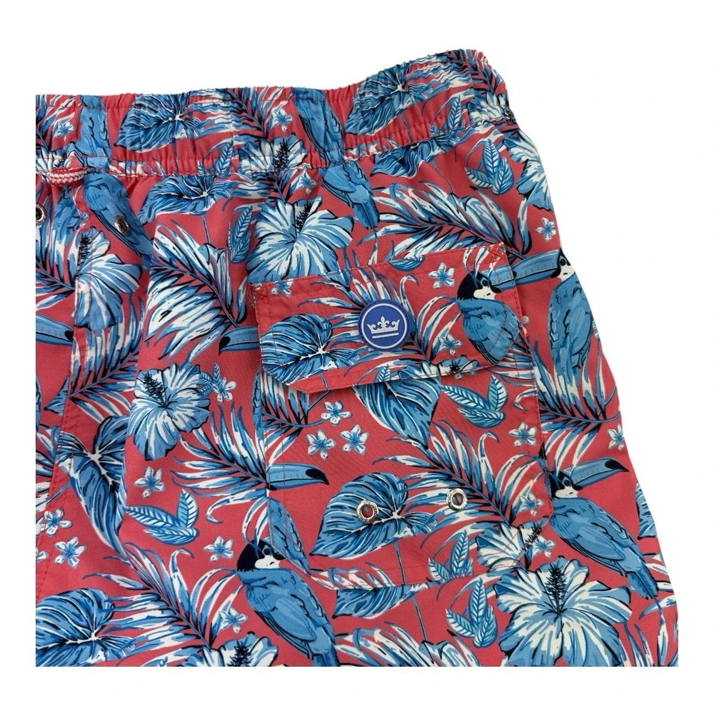 Peter Millar Seaside Crown Coral Blue Toucan Floral Swim Trunks Men's Large 7.5